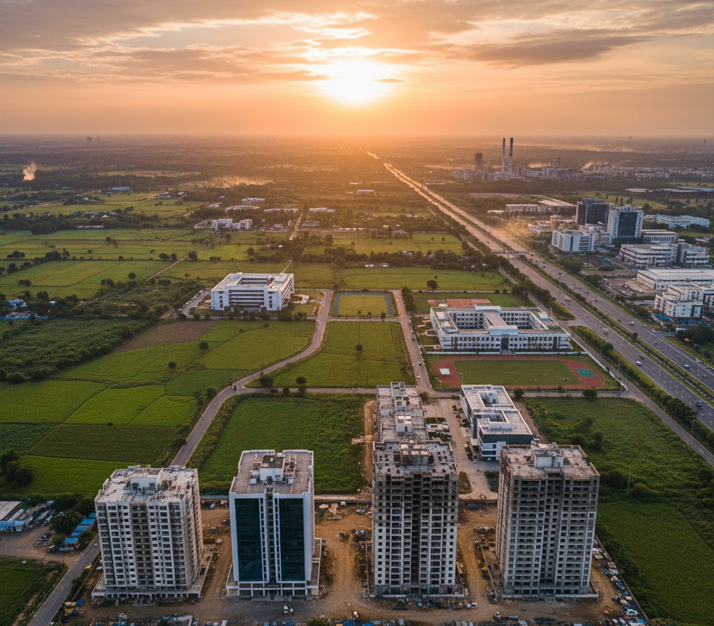 Aerial view of Shadnagar and surrounding developments