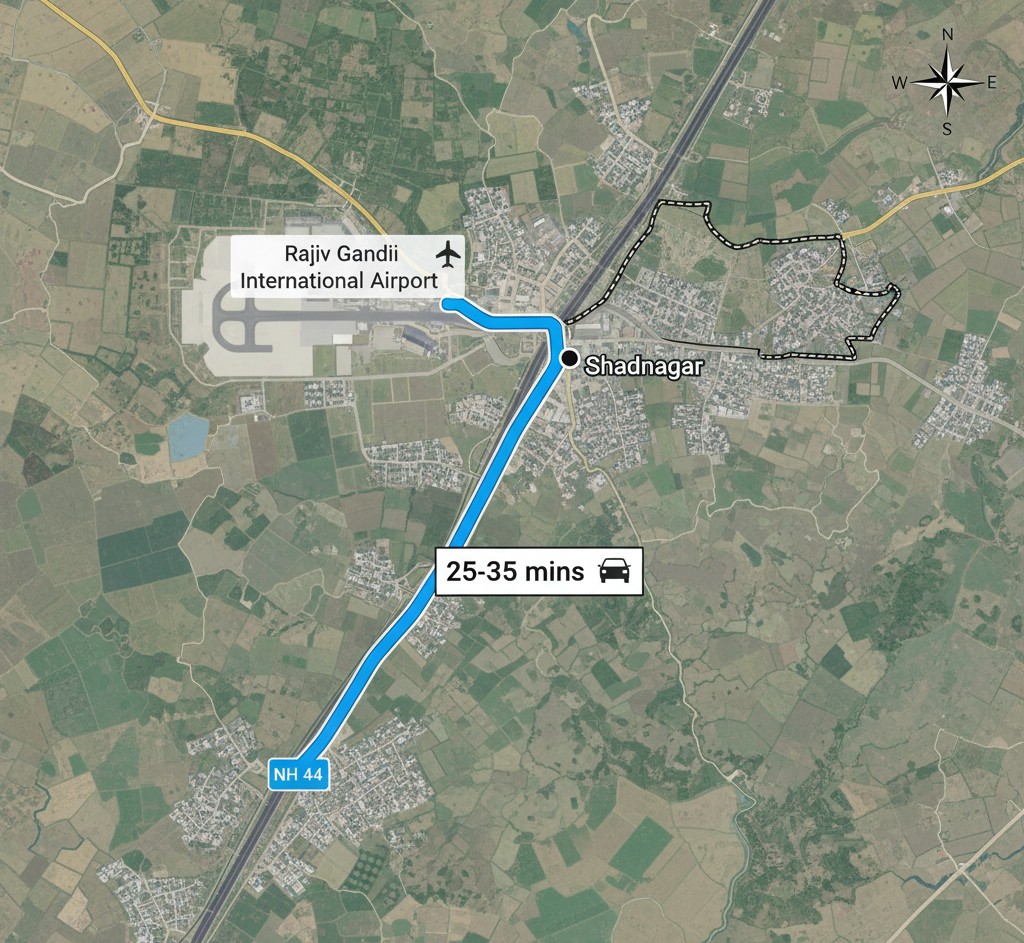 Map showing proximity of Shadnagar to RGIA Airport