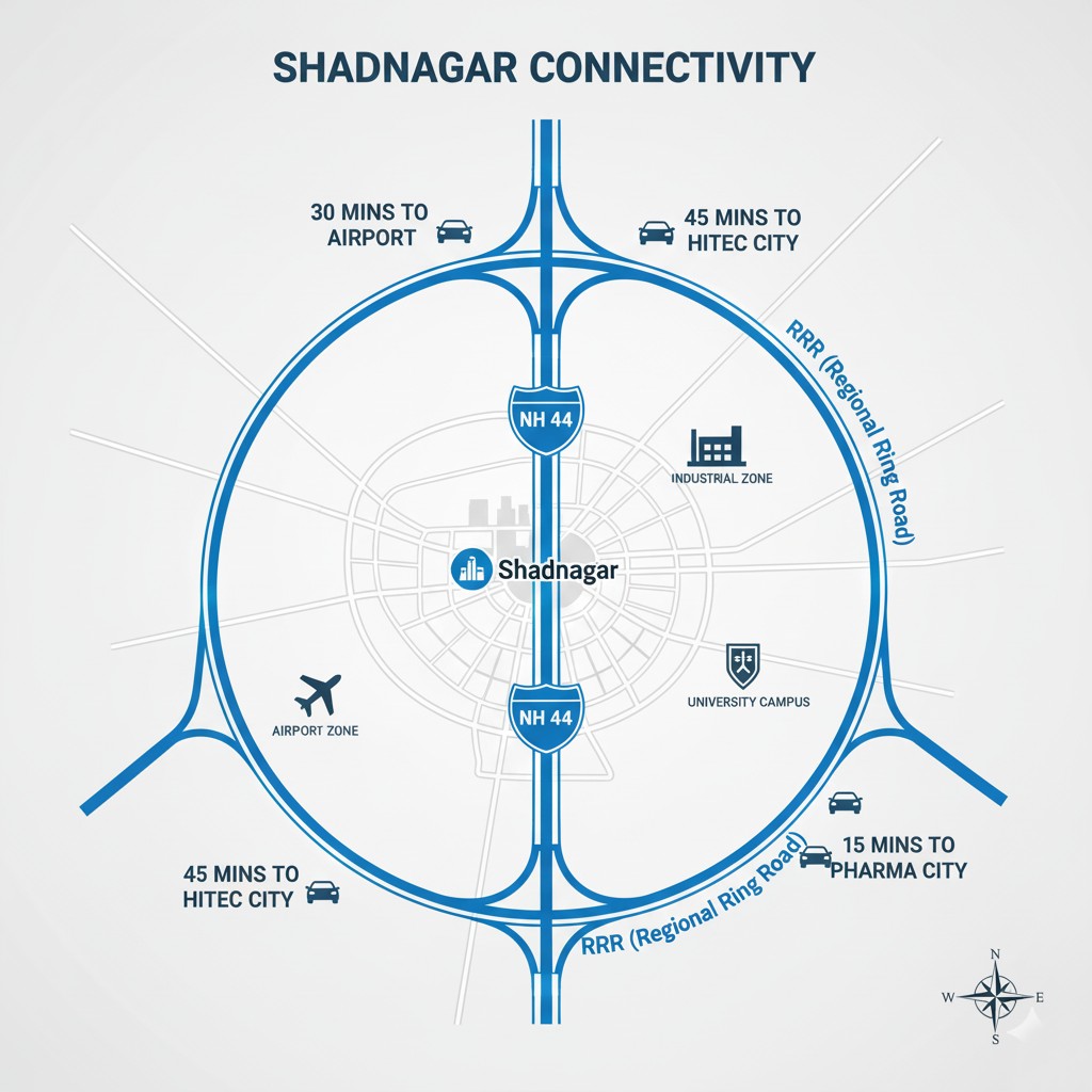 Road network showing NH44 and Regional Ring Road connectivity